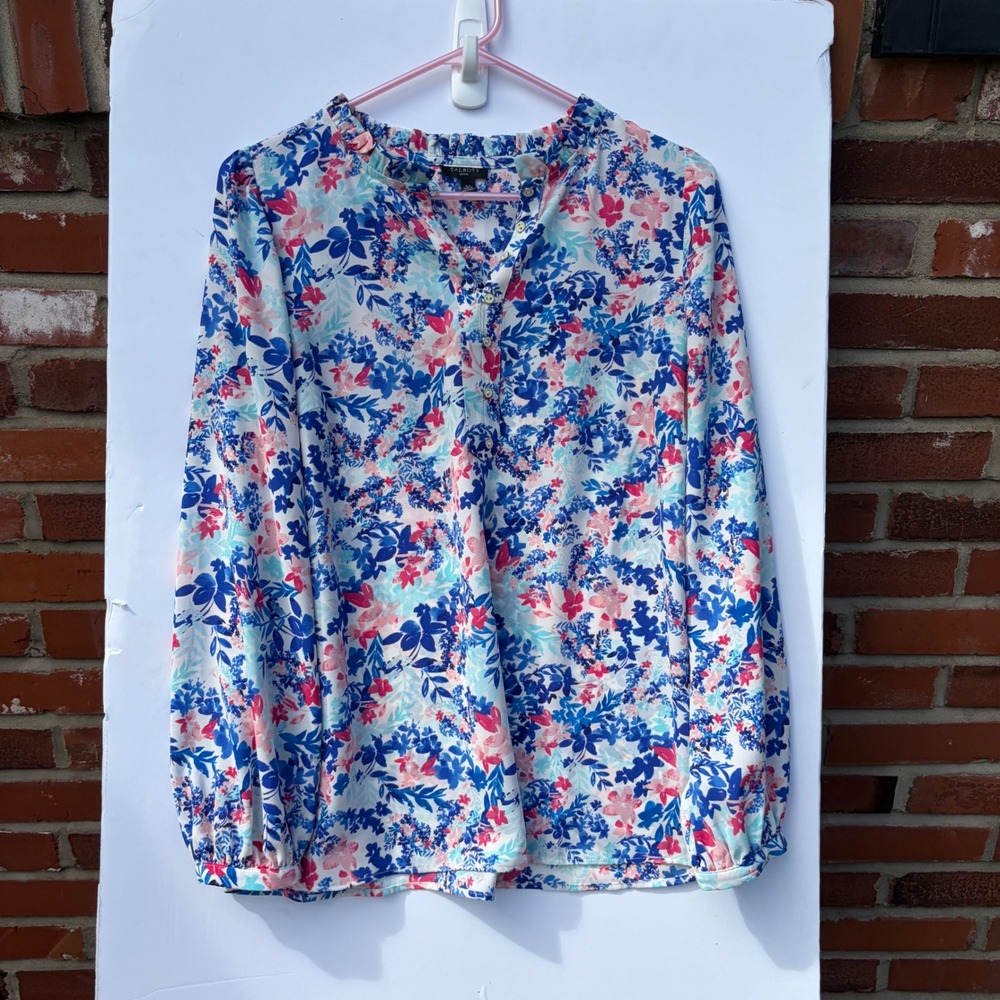 Talbots Petite Floral Ruffle Neck Blouse Blue Pink Long Sleeve Top LP PH5558‎